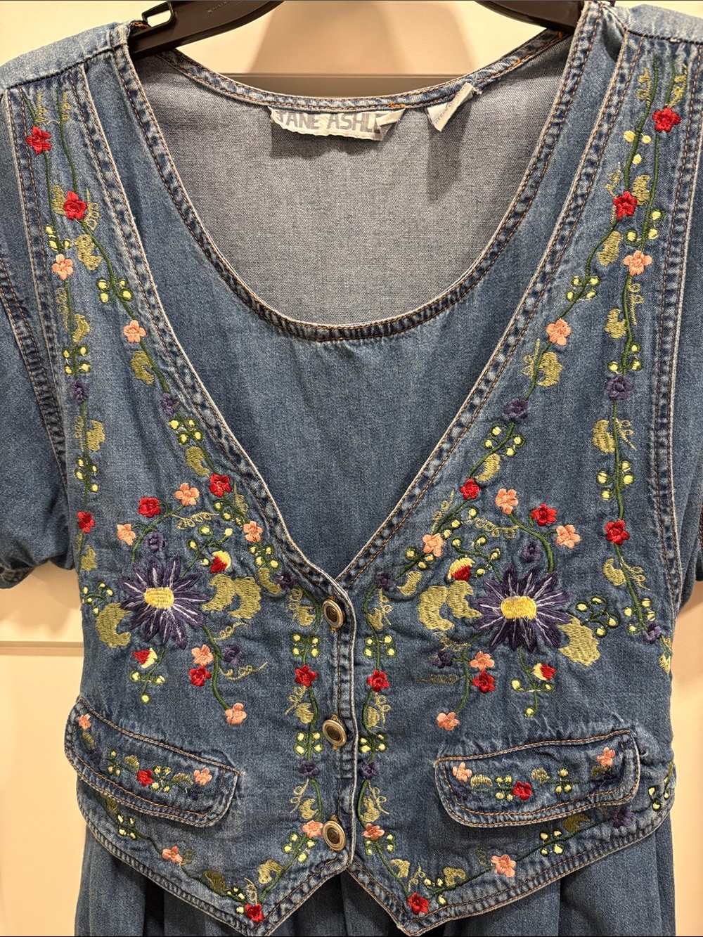 Jane Ashley Embroidered Denim Midi Dress - Blue with Multicolor Floral